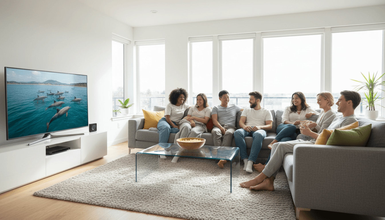 Diverse group enjoying streaming entertainment together on a modern couch with bright lighting