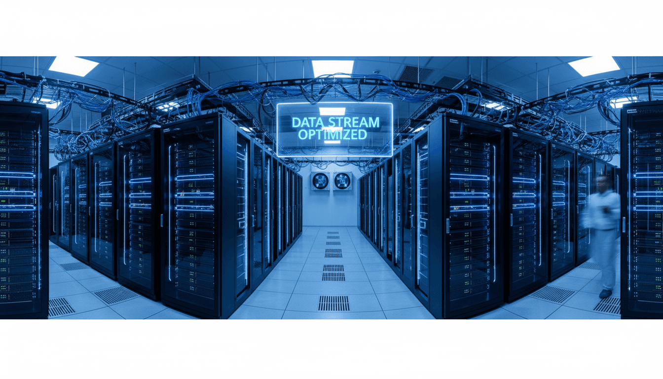 Modern server room with glowing blue lights in a data center